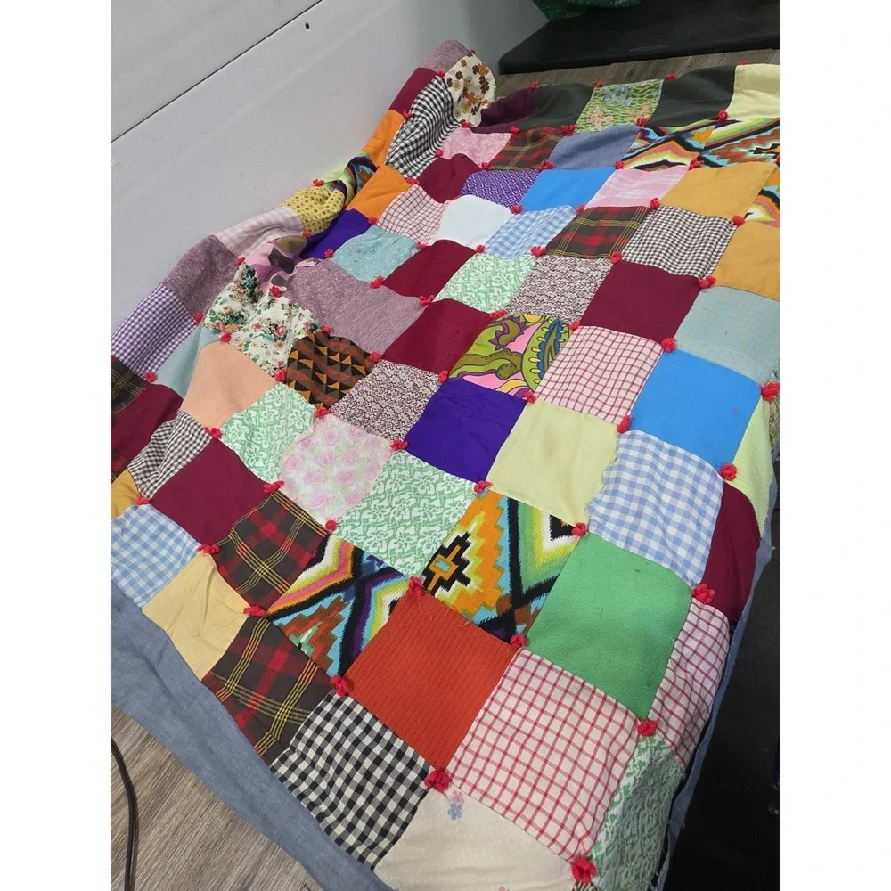 Handmade Hand Tied Vintage Patchwork 94" x 77" Quilt